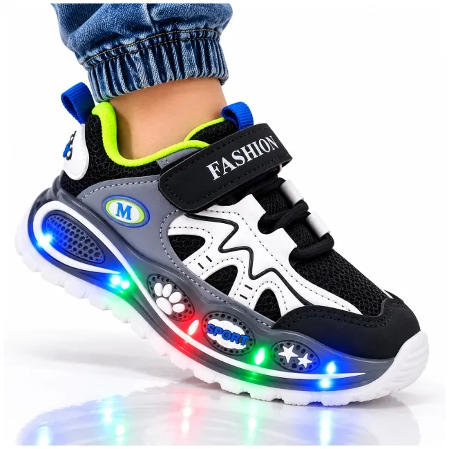 Pantofi sport cu luminite, model super confy black, textil si piele ecologica, baieti, bleumarine ad30-226