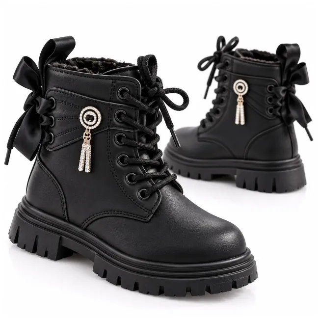 Bocanci negri de fetițe, cu fundițe și accesoriu tip bijuterie, model amelie, negru ad26