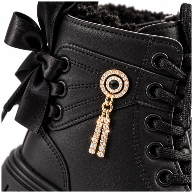 Bocanci negri de fetițe, cu fundițe și accesoriu tip bijuterie, model amelie, negru ad26