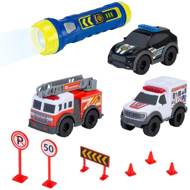 Set Dickie Toys Micro SOS Playset cu 3 masinute si 7 accesorii HUBS203714024