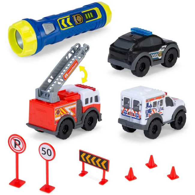 Set Dickie Toys Micro SOS Playset cu 3 masinute si 7 accesorii HUBS203714024