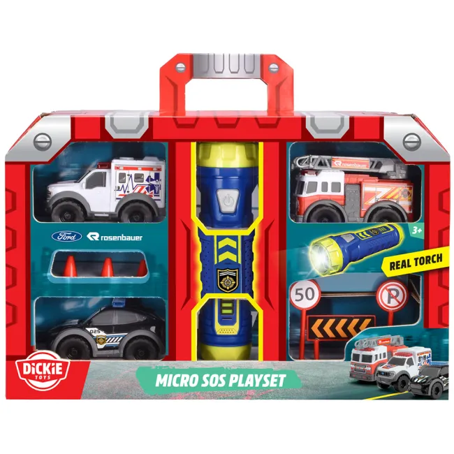 Set Dickie Toys Micro SOS Playset cu 3 masinute si 7 accesorii HUBS203714024