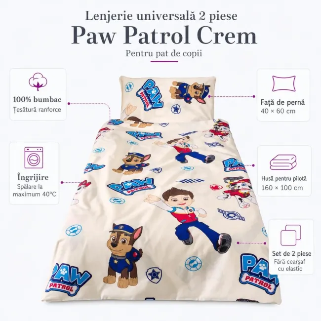 Lenjerie universala 2 piese cu Paw Patrol Crem pentru pat copii - ASC6427968022808