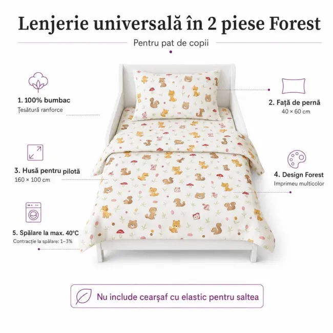 Lenjerie universala in 2 piese Forest pentru pat copii - ASC6427968022839