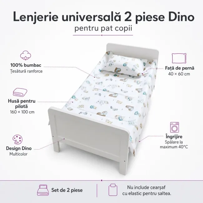 Lenjerie universala 2 piese Dino pentru pat copii - ASC6427968022877