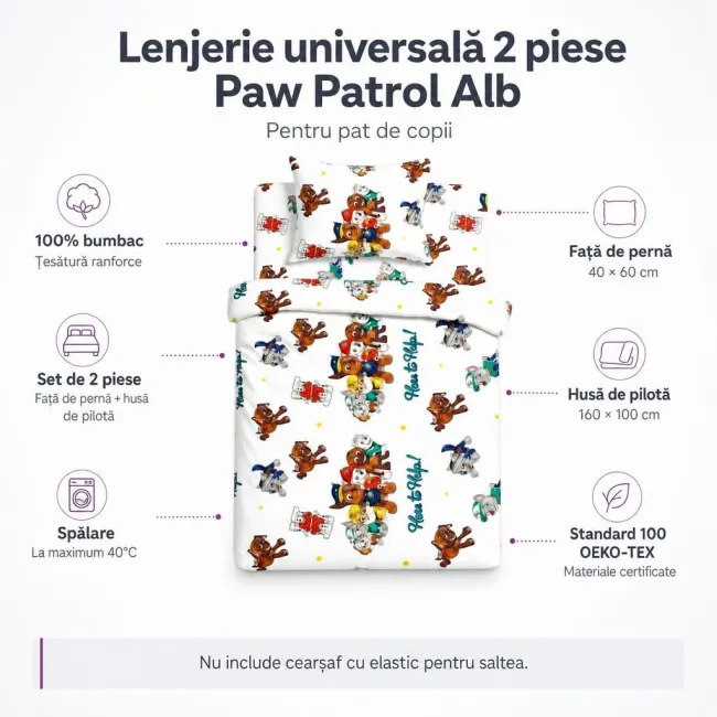 Lenjerie universala 2 piese Paw Patrol Alb pentru pat copii - ASC6427968022907