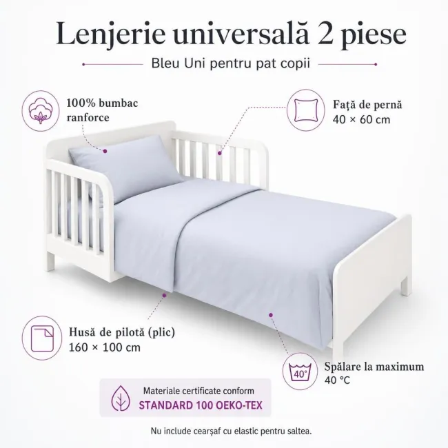 Lenjerie universala 2 piese Bleu Uni pentru pat copii - ASC6427968022938