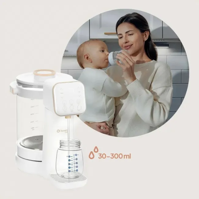 Aparat pentru incalzirea si declorizare apei, Lionelo, Babypresto 2.0, Pentru lapte parf, Lampa UV, Rezervor 3l, Lumina de noapte, Dozare 30- 300 ml, 1200 W, Afisaj digital, Alb BYNLOC-BABYPRESTO_2.0_WHITE