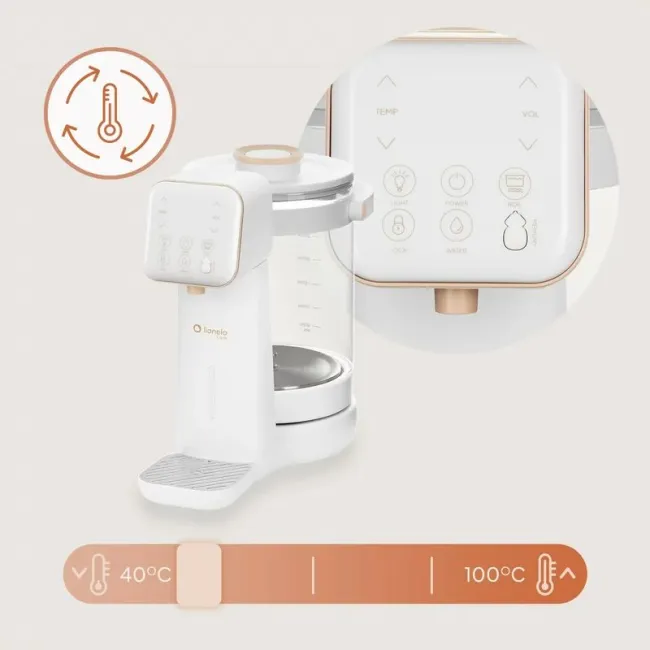 Aparat pentru incalzirea si declorizare apei, Lionelo, Babypresto 2.0, Pentru lapte parf, Lampa UV, Rezervor 3l, Lumina de noapte, Dozare 30- 300 ml, 1200 W, Afisaj digital, Alb BYNLOC-BABYPRESTO_2.0_WHITE