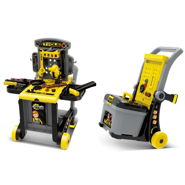 Atelier de lucru 3 in 1 pentru copii TinyMini, trusa de scule cu valiza si carucior mobil, 3 ani+