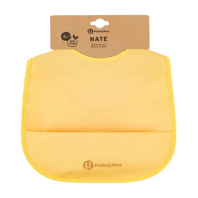 Baveta impermeabila cu buzunar, Petite&Mars, Nate, Fara PVC si ftalati, 37 &times; 27 cm, 6 luni+, Prindere velcro, Ocru BYN411818