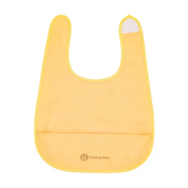 Baveta impermeabila cu buzunar, Petite&Mars, Nate, Fara PVC si ftalati, 37 &times; 27 cm, 6 luni+, Prindere velcro, Ocru BYN411818
