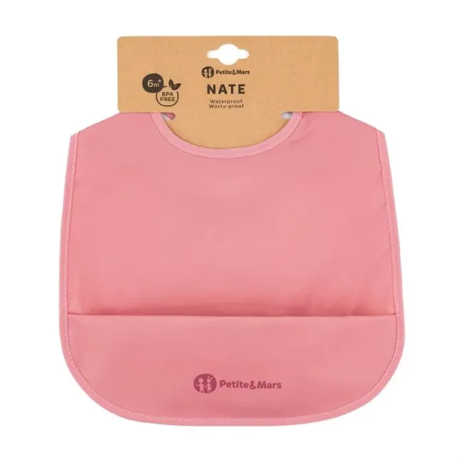 Baveta impermeabila cu buzunar, Petite&Mars, Nate, Fara PVC si ftalati, 37 &times; 27 cm, 6 luni+, Prindere velcro, Roz BYN411820