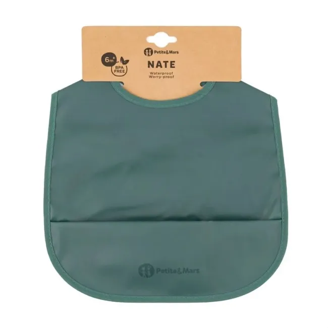 Baveta impermeabila cu buzunar, Petite&Mars, Nate, Fara PVC si ftalati, 37 &times; 27 cm, 6 luni+, Prindere velcro, Verde BYN411817