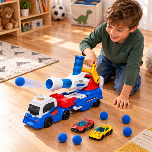 Camion de acțiune Globo, aprox. 50 cm, cu lansator, 6 proiectile moi, 2 mașinuțe, lumini, sunete și funcție de fricțiune SOLGL43298