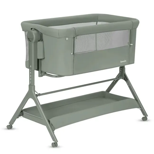 Patut co-sleeper, Lionelo, Leonie Plus, Pliabil, Cu sistem de leganare, Cu setare unghiulara, Reglabil in 6 pozitii pe inaltime, Conform cu standardele europeane de securitate EN1130 si EN16890, Verde BYNLO-LEONIE_PLUS_GREEN_SAGE