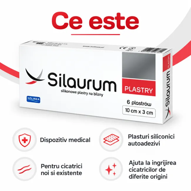 Plasturi Solinea Silaurum, dispozitiv medical, din silicon, pentru cicatrici postoperatorii, postacneice, posttraumatice si dupa arsuri BITplasturiSilaurum