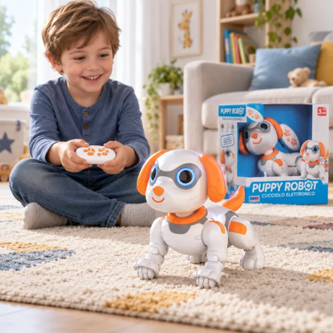 RS Toys Puppy Robot &ndash; cățeluș interactiv cu telecomandă, lumini și sunete, 25 cm SOLRS12385