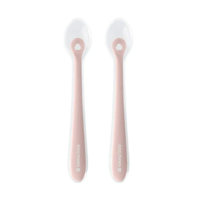 Set 2 lingurite din silicon alimentar cu carcasa de protectie, de la 4 luni+, Blush