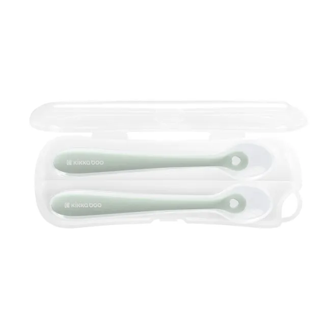 Set 2 lingurite din silicon alimentar cu carcasa de protectie, de la 4 luni+, Sage Green
