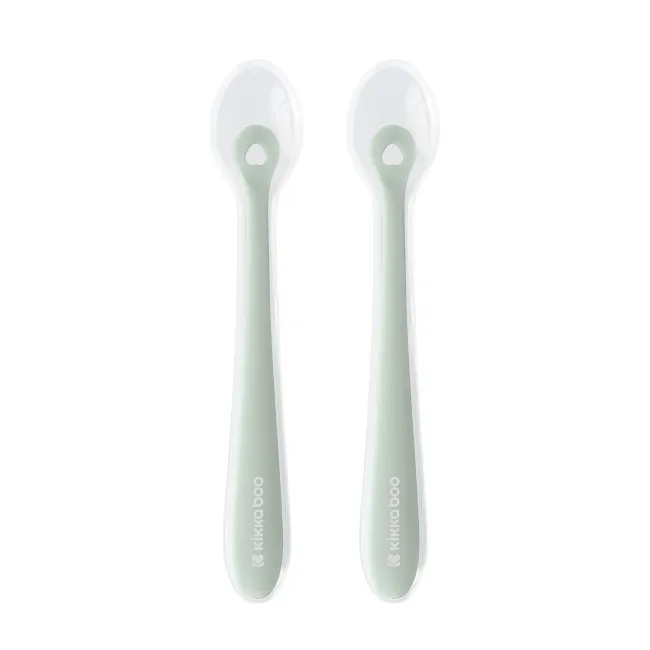 Set 2 lingurite din silicon alimentar cu carcasa de protectie, de la 4 luni+, Sage Green