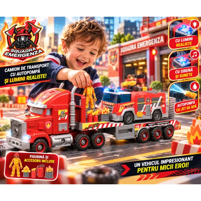 Set Pompieri Fire Rescue cu camion transport, autospecială, figurină și accesorii, aprox. 50 cm, 3+ ani SOLRS12382