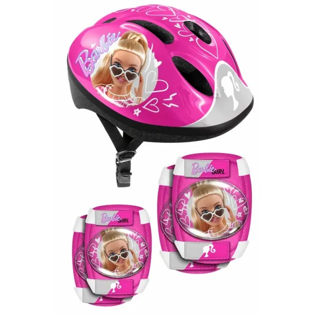 Set casca protectie, genunchiere si cotiere, Stamp, Sigure si confortabile, Reglabile, Conform cu EN1078, Marime 50/56 cm, 3 ani+, Barbie BYNCB200507