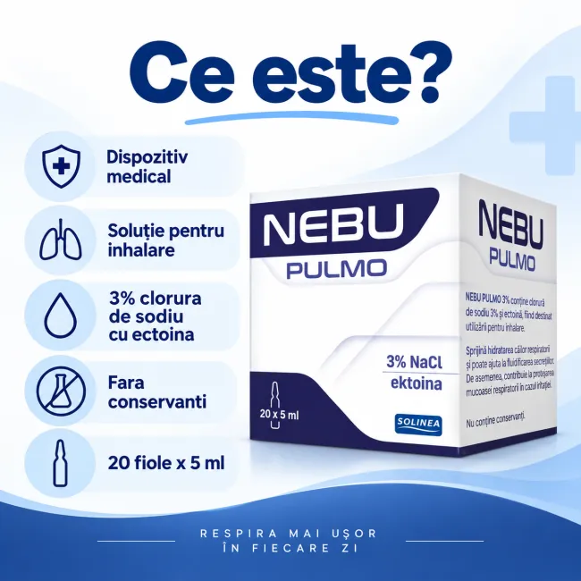 Solutie pentru inhalare Solinea Nebu Pulmo, NaCl 3% cu ectoina, 20 fiole, fara conservanti, dispozitiv medical BITNebuPulmo