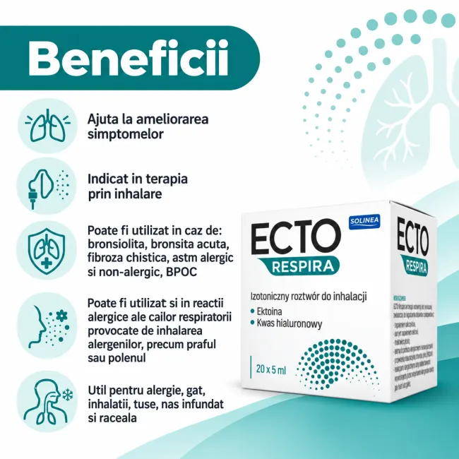 Solutie sterila pentru inhalare Solinea Ecto Respira, cu ectoina si acid hialuronic, NaCl 0,9%, dispozitiv medical, 20 fiole x 5 ml BITEctoRespiraSolinea