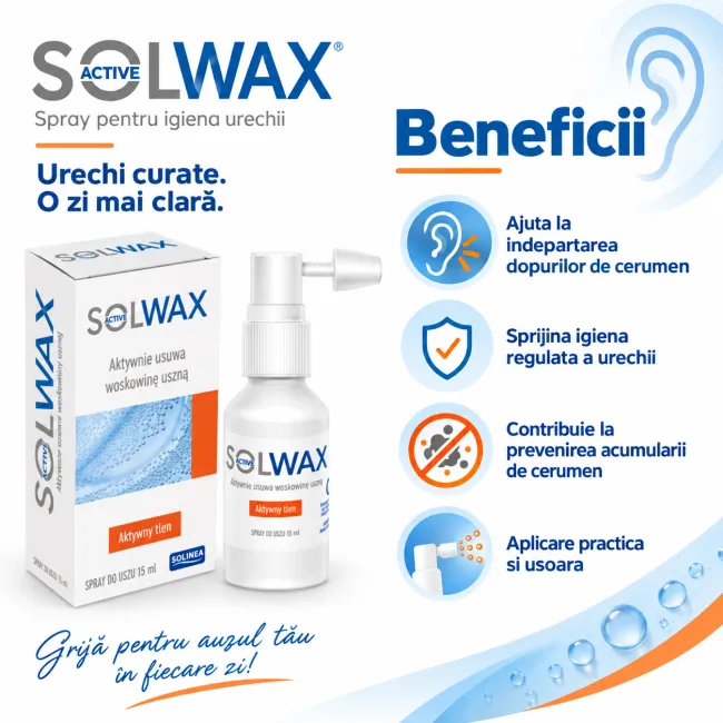 Spray auricular Solinea Solwax Active, pentru indepartarea cerumenului si igiena urechii, 15 ml BITspraySolwaxActive