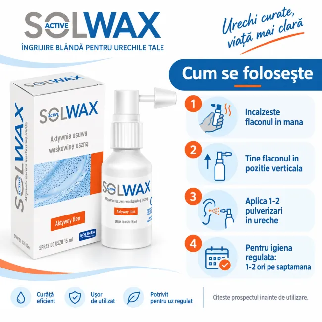Spray auricular Solinea Solwax Active, pentru indepartarea cerumenului si igiena urechii, 15 ml BITspraySolwaxActive