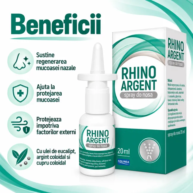Spray nazal Solinea Rhinoargent, dispozitiv medical cu argint coloidal, cupru coloidal si ulei de eucalipt, protectia si regenerarea mucoasei nazale, copii si adulti, 20 ml BITsprayRhinoargent