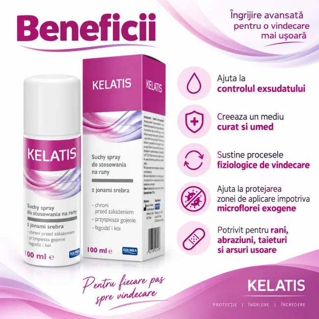 Spray pentru rani Solinea Kelatis, pulbere minerala absorbanta cu 2,5% argint ionic, dispozitiv medical, 100 ml BITsprayKelatis