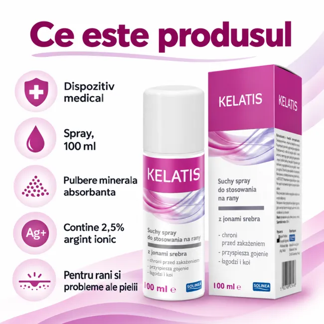 Spray pentru rani Solinea Kelatis, pulbere minerala absorbanta cu 2,5% argint ionic, dispozitiv medical, 100 ml BITsprayKelatis