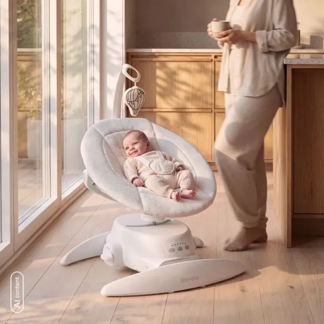 Balansoar, Lionelo, Iris Close&Cosy, 2 in 1, Rotire 360 grade, Electric, Cu 3 moduri de leganare, Cu 5 trepte de viteza, Cu 3 pozitii de inclinare, Pana la 9 kg, Alb BYNLO-IRIS_CLOSE&COSY