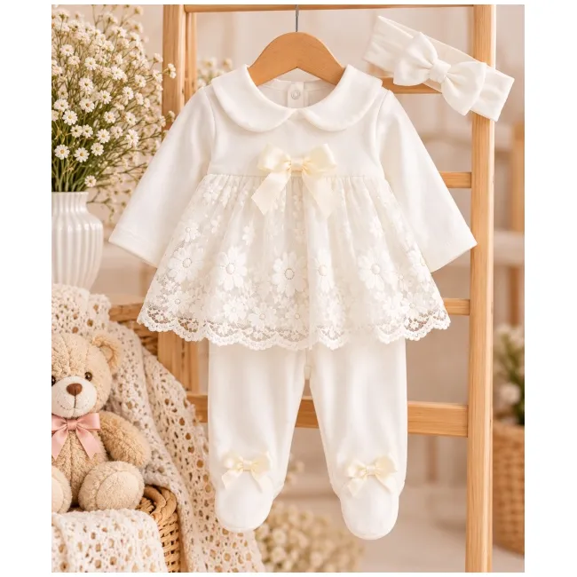 Costumas bebelusi fete 3 piese alb cu dantela si fundite, bumbac 100% sbshsn685