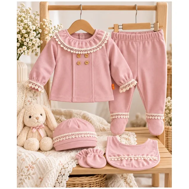 Costumas bebelusi fete 5 piese roz pudra cu dantela, bumbac 100% superbebe shop yby17sbs