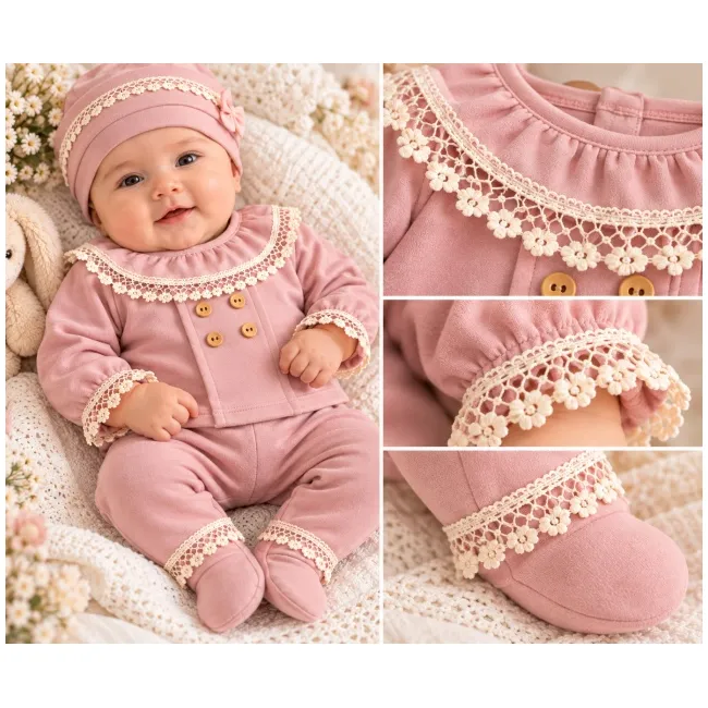 Costumas bebelusi fete 5 piese roz pudra cu dantela, bumbac 100% superbebe shop yby17sbs