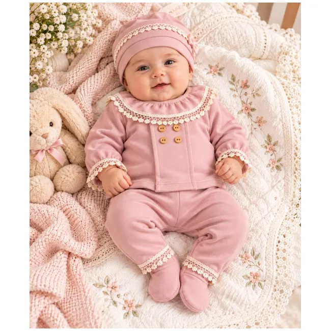 Costumas bebelusi fete 5 piese roz pudra cu dantela, bumbac 100% superbebe shop yby17sbs