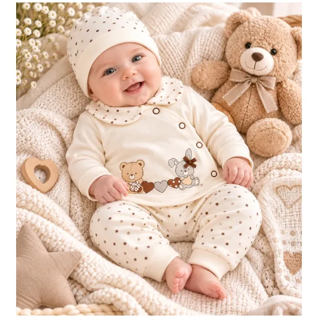 Costumas bumbac bebelusi 3 piese crem cu buline si imprimeu ursulet si iepure set complet cu bluza maneca lunga, pantaloni si caciulita sbshsn577