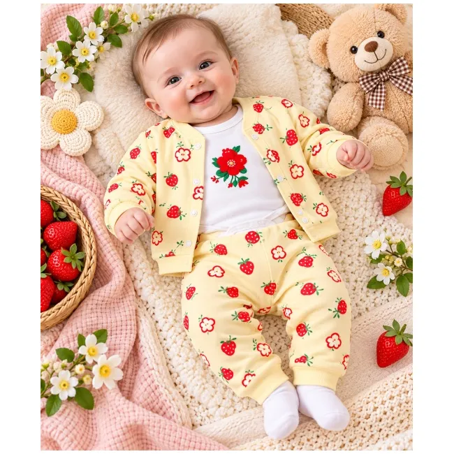 Costumas bumbac bebelusi 3 piese galben cu imprimeu fructe, bluza maneca lunga cu capse, pantaloni si caciulita superbebe shop vhhsn745