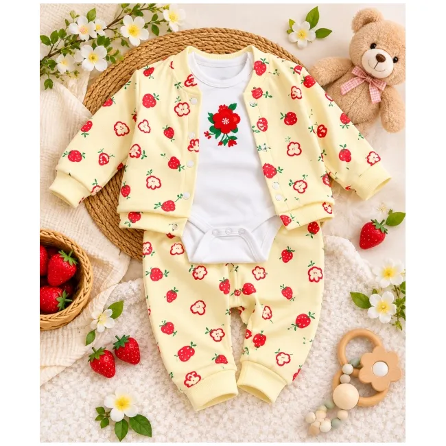 Costumas bumbac bebelusi 3 piese galben cu imprimeu fructe, bluza maneca lunga cu capse, pantaloni si caciulita superbebe shop vhhsn745