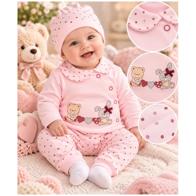 Costumas bumbac bebelusi 3 piese roz cu buline si imprimeu ursulet si iepure set complet cu bluza maneca lunga, pantaloni si caciulita sbshsn577