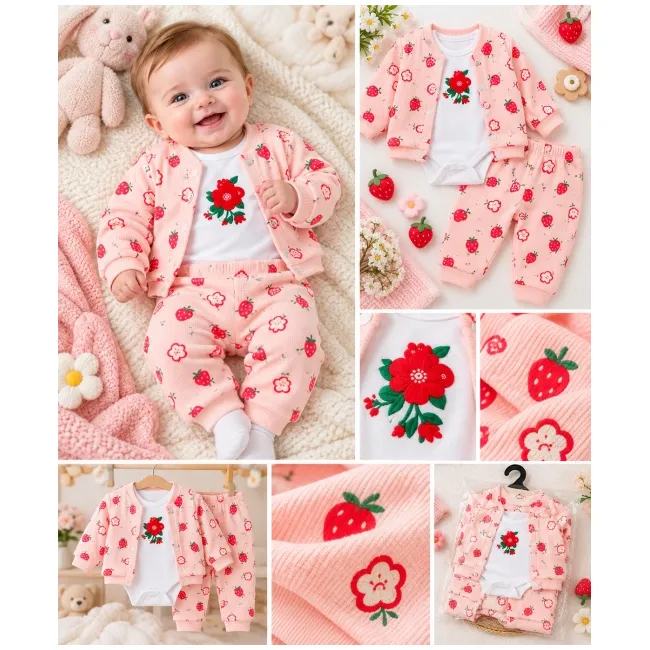 Costumas bumbac bebelusi 3 piese roz cu imprimeu fructe, bluza maneca lunga cu capse, pantaloni si caciulita superbebe shop (2) vhhsn745