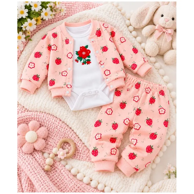Costumas bumbac bebelusi 3 piese roz cu imprimeu fructe, bluza maneca lunga cu capse, pantaloni si caciulita superbebe shop (2) vhhsn745