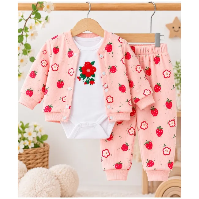 Costumas bumbac bebelusi 3 piese roz cu imprimeu fructe, bluza maneca lunga cu capse, pantaloni si caciulita superbebe shop (2) vhhsn745