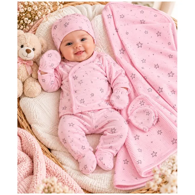 Costumas bumbac fete 5 piese roz cu imprimeu stelute set complet bebelusi maneca lunga si caciulita sbshsn677