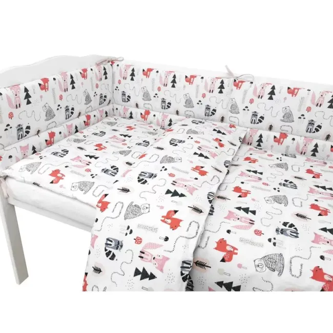 Lenjerie patut cu 3 piese, MimiNu, Pentru patut 120x60 cm, Cu protectie laterala, Din bumbac certificat Oeko Tex Standard 100, Fox BYN6426972024778