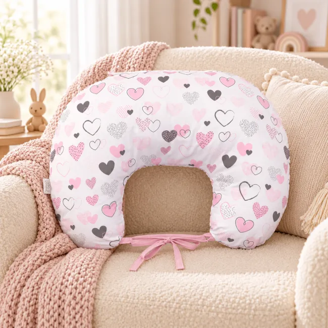 Perna Pentru Gravide Si Alaptare, Husa Detasabila Din Bumbac 100% Si Umplutura Antialergica Babysoft  , Inimioare, Amy Pjb83267