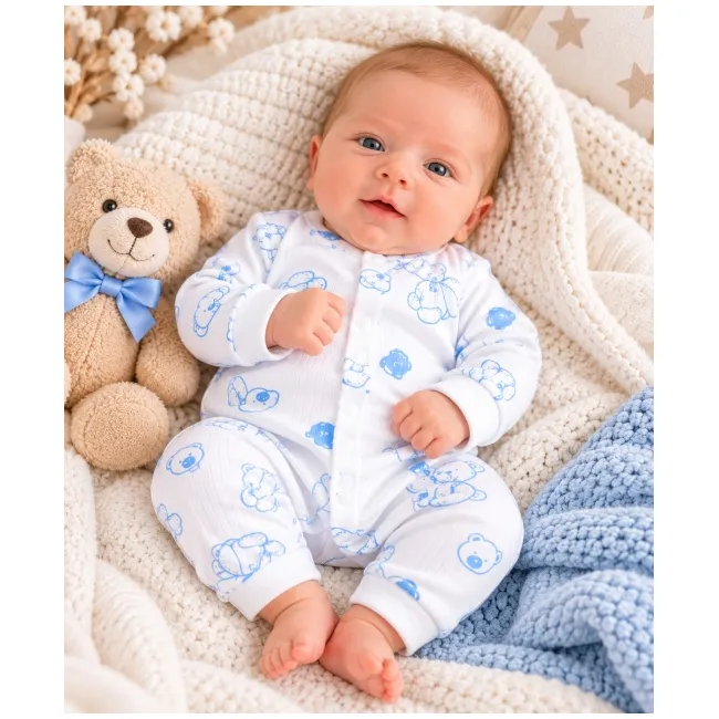 Salopetă bebe albă cu ursuleți bleu, m&acirc;necă lungă, &icirc;nchidere cu capse, 0-3 luni hsn557sbs-1